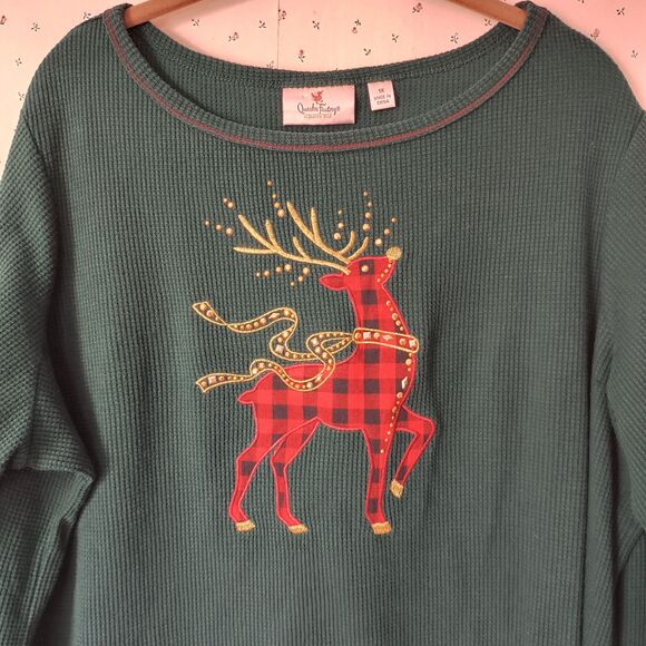Quacker Factory Top 1X Green Waffle Knit Thermal Reindeer Holiday Bling - Picture 4 of 10